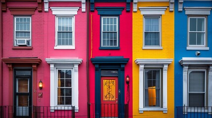 Obraz premium row of colorful houses, their windows glowing