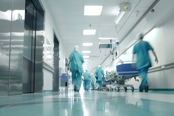 Blurred figures of people with medical uniforms in hospital corridor