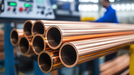 Close-up view of shiny copper pipes stacked together in a workshop. These pipes are essential in various industrial applications, showcasing excellent conductivity and durability.