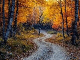 A winding dirt road leads through a forest with vibrant fall colors. The golden leaves create a warm and inviting atmosphere, making it a perfect scene for a peaceful walk or drive.