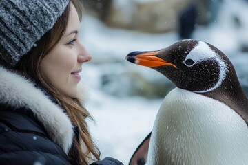 Woman enjoys a close moment with a gentle penguin in snowy setting