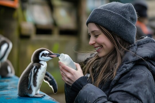 Young woman feeding adorable penguin chick with bottle at wildlife sanctuary - Powered by Adobe