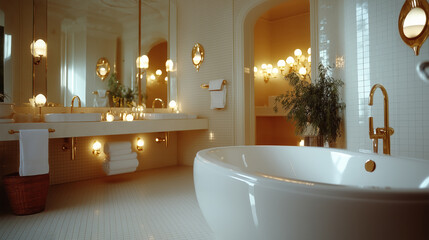 A spacious bathroom featuring a freestanding tub, soft lighting, and stylish decor creates a relaxing atmosphere for self-care.