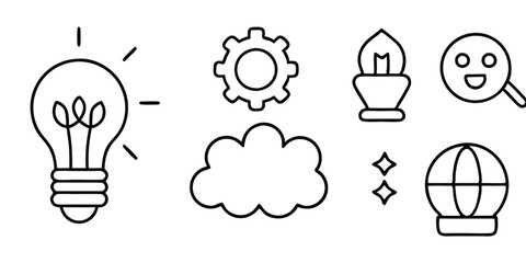Business idea flat icon set. Containing innovation, light bulb, creativity, inspiration, brainstorm, intelligence, thinking, invention, creative, solution, mind. Vector illustration 