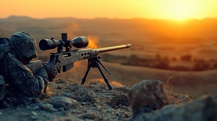 A soldier aims a sniper rifle at sunset, capturing a moment of focus and intensity in a vast landscape.