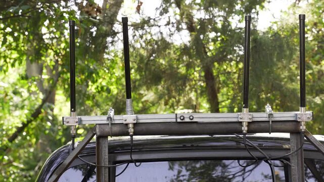 mobile electronic warfare system with antennas mounted on a military vehicle Designed to neutralize enemy drones and protect personnel Technology enhances mission success ensures the safety of soldier