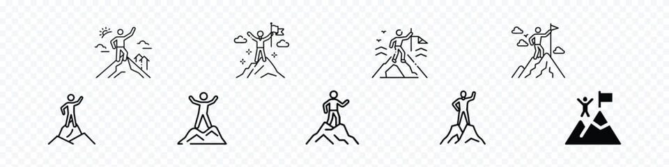 man is standing on the top of a mountain, Achievement of Man on Mountain Top Icon, Mountain  achieving a goal. 