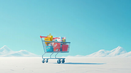 A shopping cart is filled with items and is parked in a snowy field