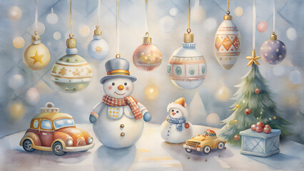 Cheerful snowman among colorful Christmas ornaments, a tiny tree, and festive holiday decorations