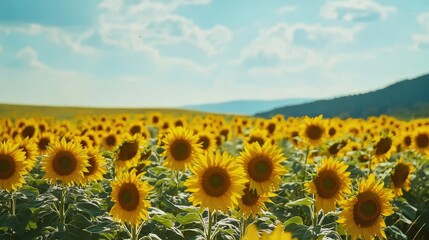 Obraz premium Scenic view of sunflower fields under a European summer sky, with open space for copy or branding