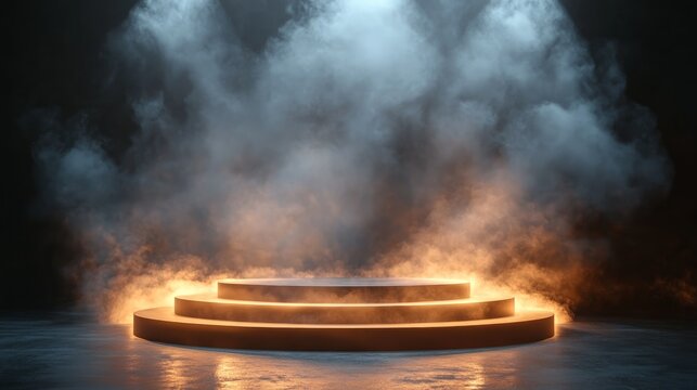 A dark background with a circular platform and illuminated by an orange glow from below and smoke in the background.