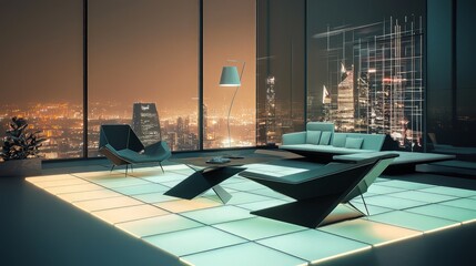 Fototapeta premium Modern living room with futuristic furniture and city view at night.