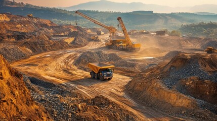 An expansive view of gold mining activity with trucks, cranes, and excavation equipment working at full capacity