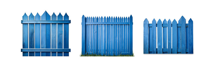 Obraz premium Three sections of a blue wooden fence with pointed tops.