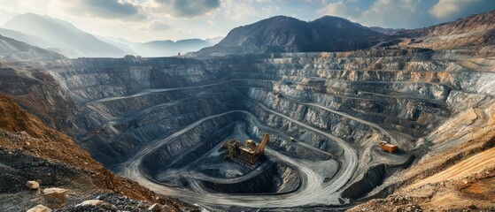 A massive silver mine stretching across a rugged landscape with heavy machinery and processing plants