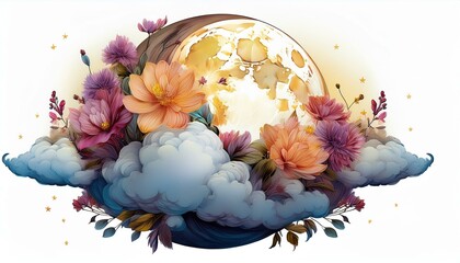 moon in clouds with flowers isolated on white background