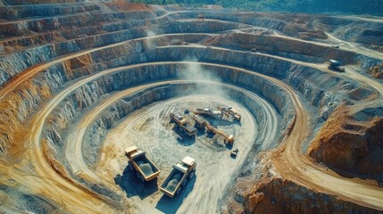 Aerial view of a massive gold mine with trucks and drills working in the rich soil below