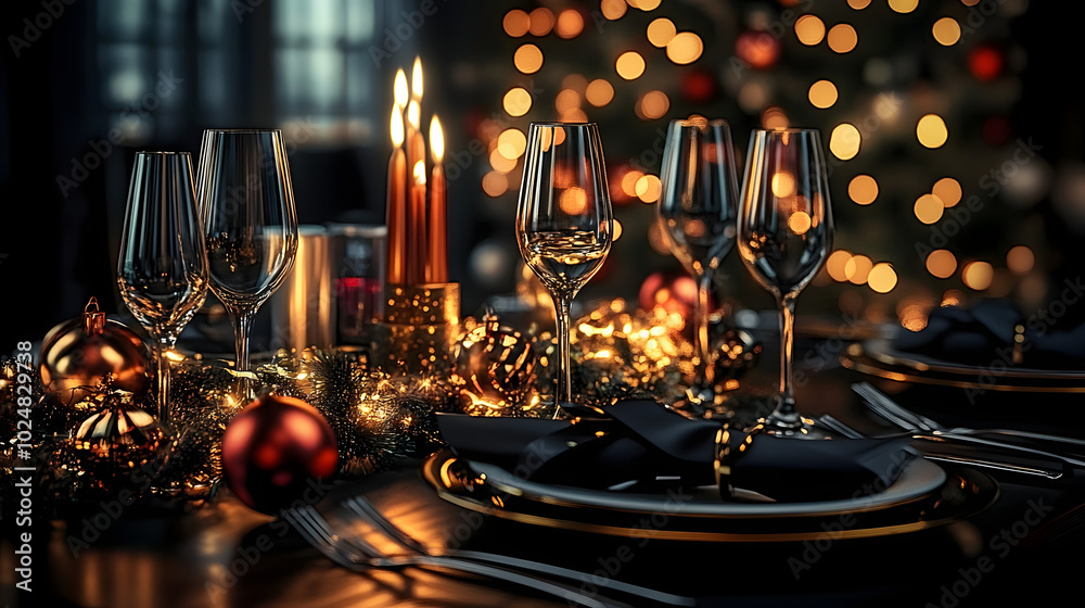 Wall mural new year's eve dinner table with ai decor. stock photo