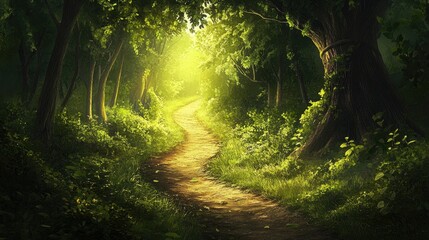 Obraz premium Sunlit summer path winding through a green forest, with space for copy in the sky