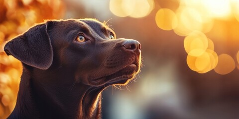 A beautiful black dog gazes into the distance, framed by a warm sunset glow. The soft light highlights its features, creating a peaceful atmosphere. A perfect capture for pet lovers. AI