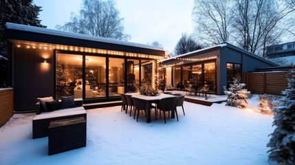Obraz premium Modern house with festive outdoor lights and a snow-covered patio featuring furniture and a decorated Christmas tree visible through large windows.