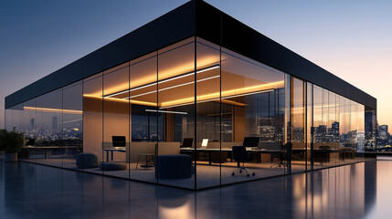 Fototapeta premium Modern glass office building with interior lighting during evening, showcasing city skyline reflection on windows and minimalist furniture inside.
