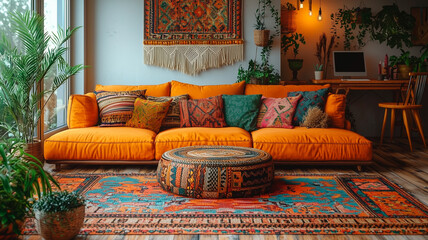 Colorful bohemian living room with floor cushions, indoor plants, and bright textiles, cozy and vibrant atmosphere

