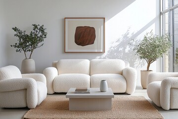 Minimalist, contemporary Japani interiors in the living room with white walls hanging with art frames and sofas and tables. Generative AI
