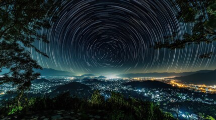 Star Trail Over City Skyline - Astrophotography Long Exposure Lombok Night Motion