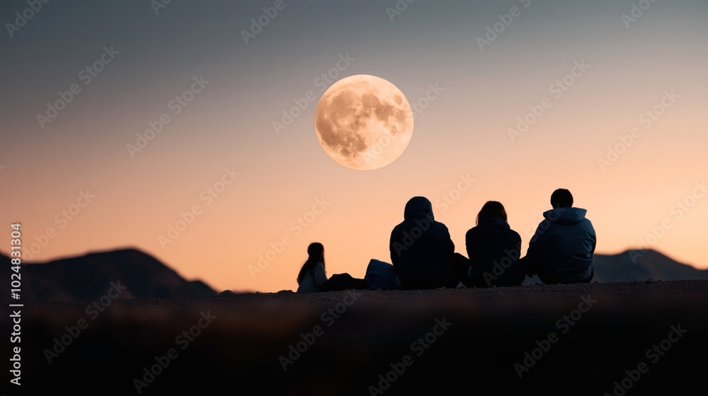 Sticker Silhouettes of four people sitting in front of a full moon during sunset, with mountains in the background and a clear sky.