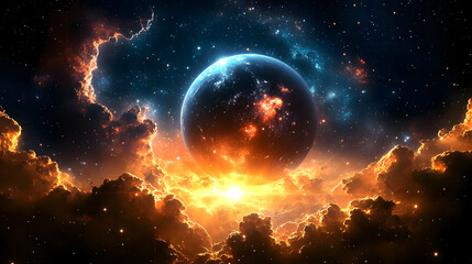 A vibrant cosmic scene featuring a glowing Earth amidst clouds.