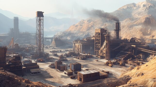 Modern gold mining operations in a sprawling industrial site with towering cranes and processing machines