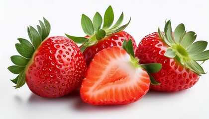 three strawberries and a cut off half isolated on white