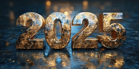 Golden "2025" Numbers with Textured Detail and Shine