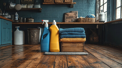 gift basket with cleaning products and a flat head mop placed on a wooden floor