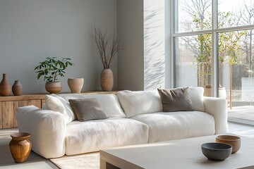 Obraz premium Minimalist, modern japandi interiors in the living room with windows visible and sofas and tables. Generative AI 