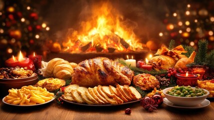 Festive feast with roasted chicken, sides, and holiday decorations by the fireplace