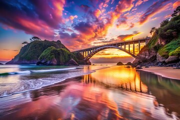 Fototapeta premium Fantasy Arch Bridge at Sunset - Enchanting Beachscape Photography