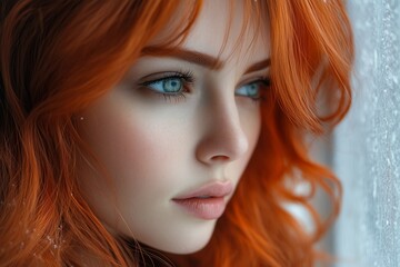 Fototapeta premium Captivating portrait of red-haired woman with freckles and blue eyes