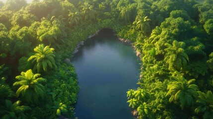 Lush tropical jungle river surrounded by dense greenery and palm trees in sunlight