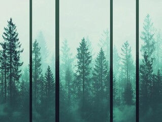 Fototapeta premium Serene misty forest with lush trees creates a tranquil backdrop, perfect for nature-themed projects and calming visuals.