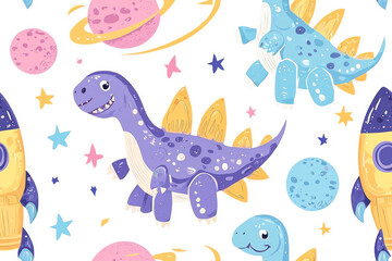 Fototapeta premium Astronaut dinosaur character design. Cute space seamless pattern. Dinosaur,space ship, rocket.