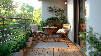 Cozy Balcony with Warm Lighting and Green Plants in a City Apartment