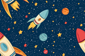 Cartoon space seamless pattern on blue background. Space background.