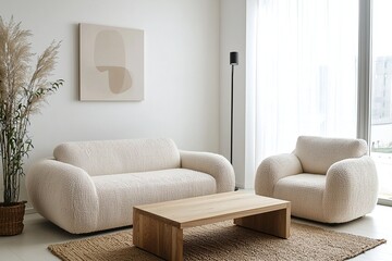 Minimalist, contemporary Japani interiors in the living room with white walls hanging with art frames and sofas and tables. Generative AI
