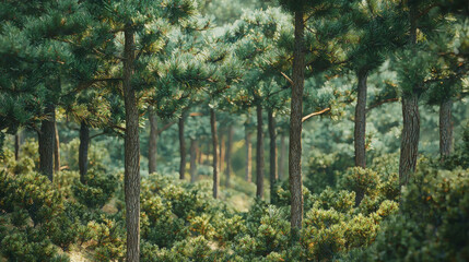 Obraz premium Dense Pine Forest with Layers of Trees in 3D Scene