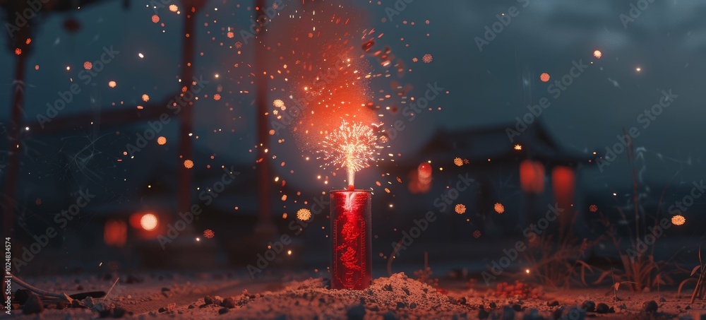 Wall mural vibrant red firecracker igniting on the ground