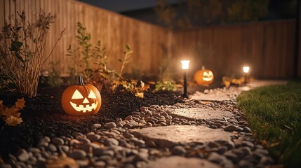 Creative Halloween yard with spooky lighting jack-o-lanterns and eerie shadowy figures