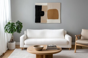A modern japandi interior in the living room with minimalist, woven tapestry and sofas and tables. Generative AI
