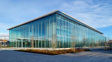 Fototapeta premium A contemporary glass building against a wide blue sky, with room for copy. No signs of human activity